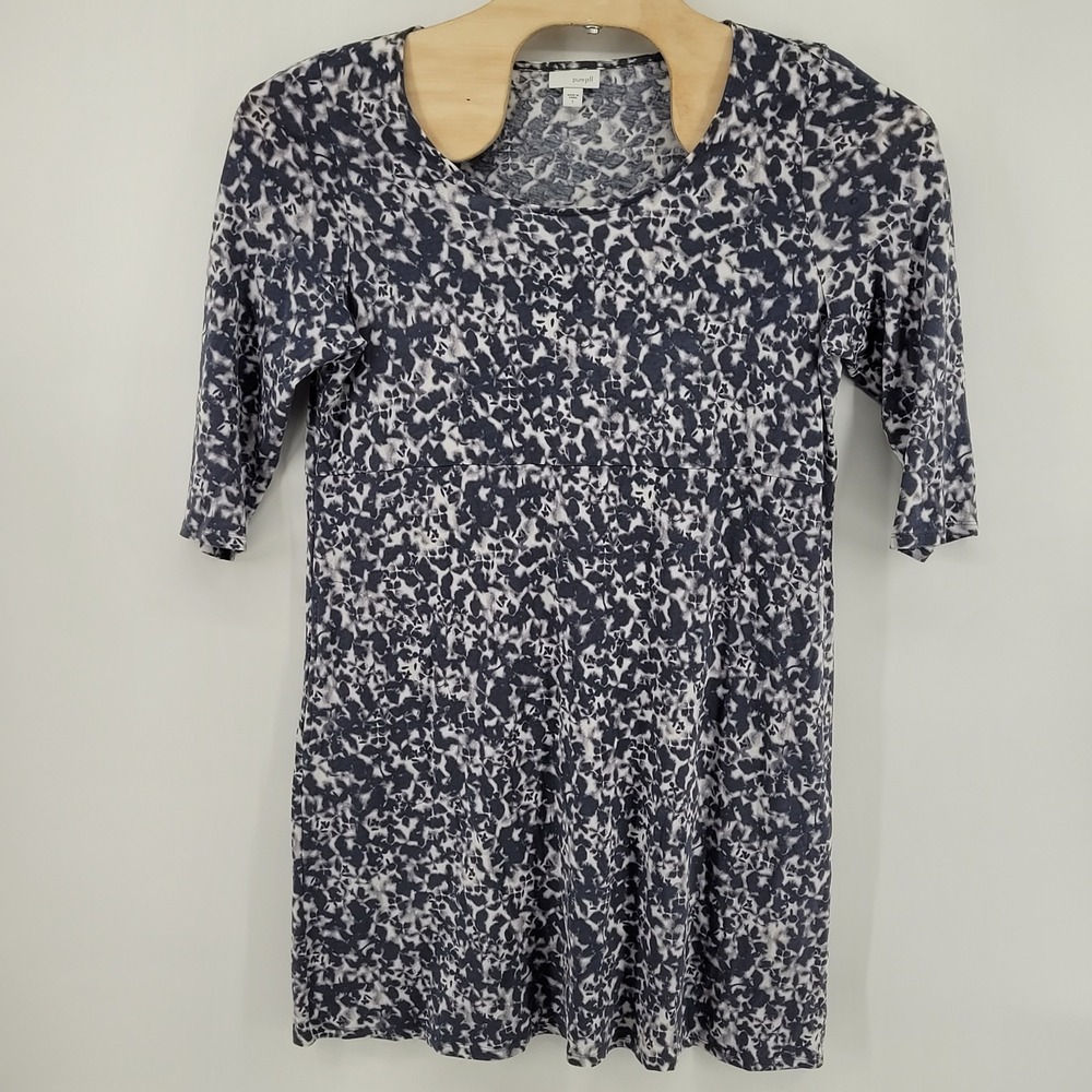 Pure Jill Tunic Dress Womens Large Blue White Floral Cotton Modal 3/4 Sleeve